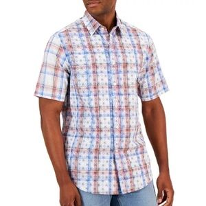 Men’s Club Room Bally Plaid Woven Button Down Short Sleeve Size S Shirt B1